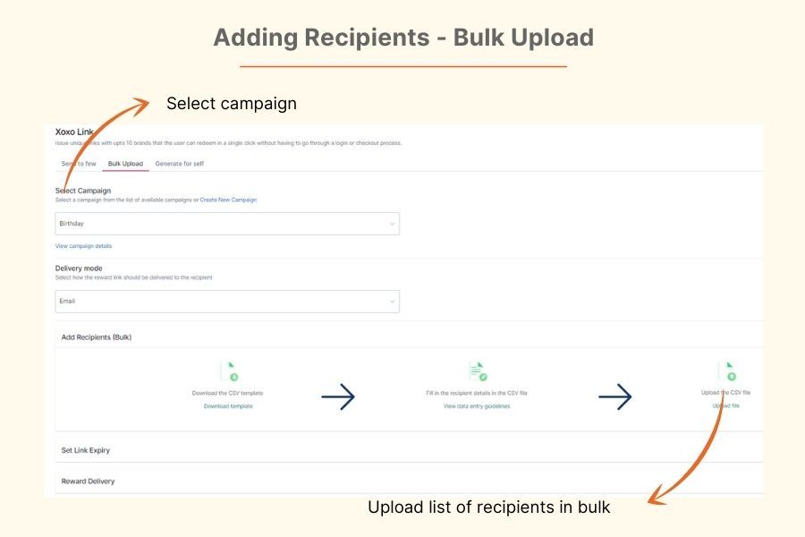 Bulk Upload the recipients for giving rewards using xoxo links