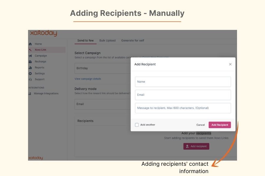 Adding recipients manually for giving xoox links