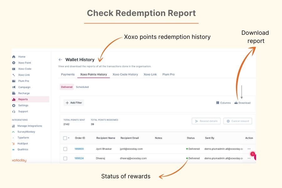 Reward redemption report to check wallet history