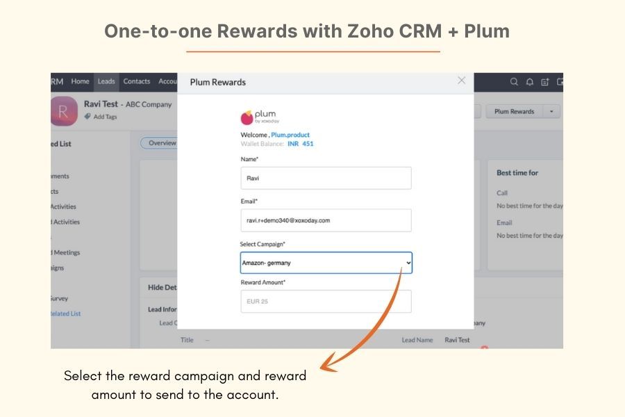 Send one-to-one Rewards with Zoho CRM + Plum